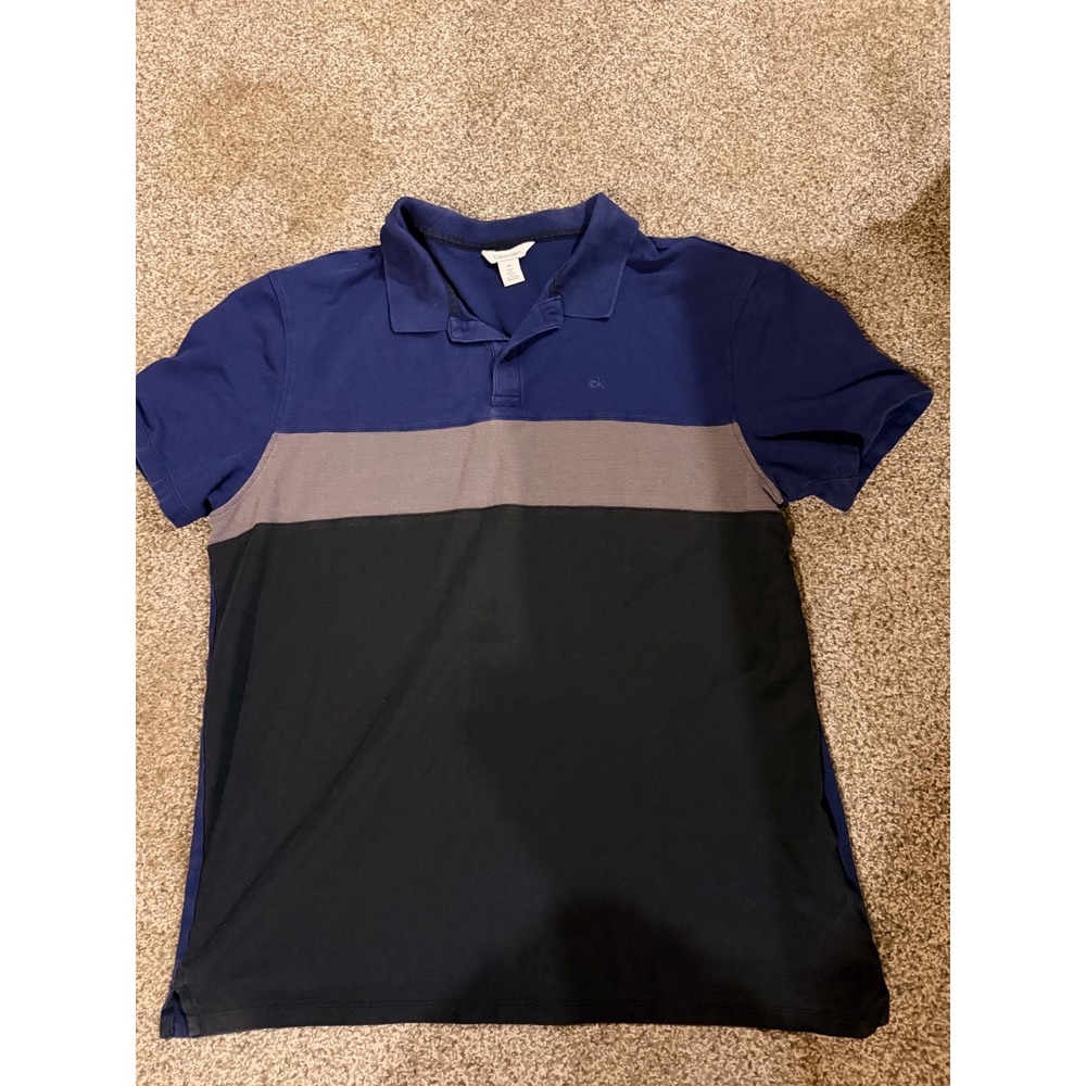 Calvin Klein Mens Colorblock Polo Shirt Navy Blue Grey Black Cotton Size L